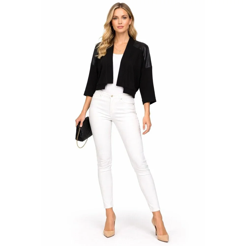 Anne Fontaine Black Cropped Cardigan Jacket 12 Silk Blend Lambskin Leather Trim